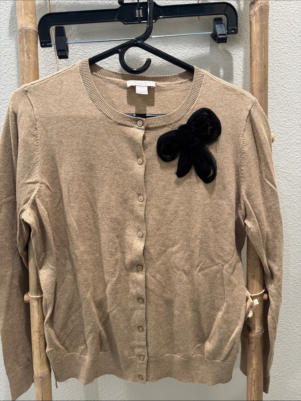 LOFT Beige Crewneck Cardigan with Black Velvet Bow